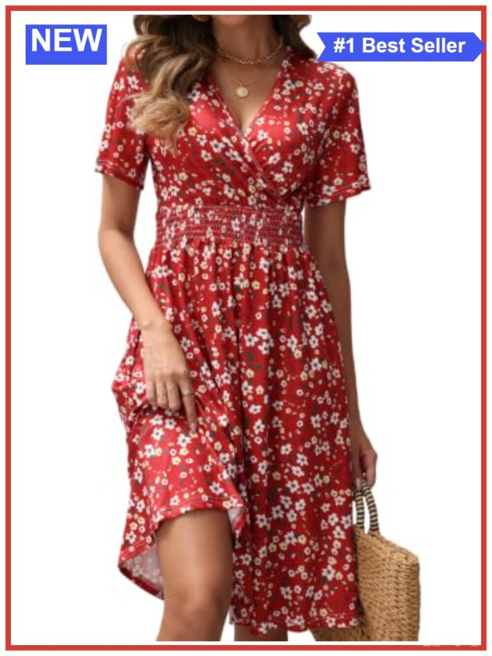 HEBELD Women's Midi Summer Dress A-Line V-Neck Smocked Waist Pockets